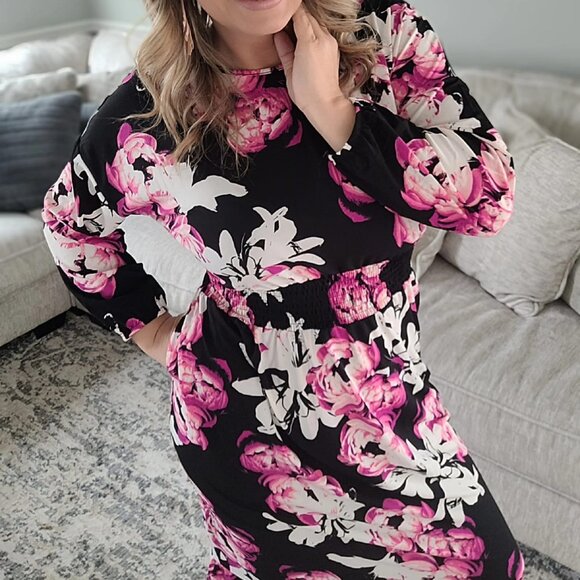 NEW NWT Tags LuLaRoe Evelyn Smocked Waist Maxi Dress Long Sleeve Black Floral - Picture 6 of 14